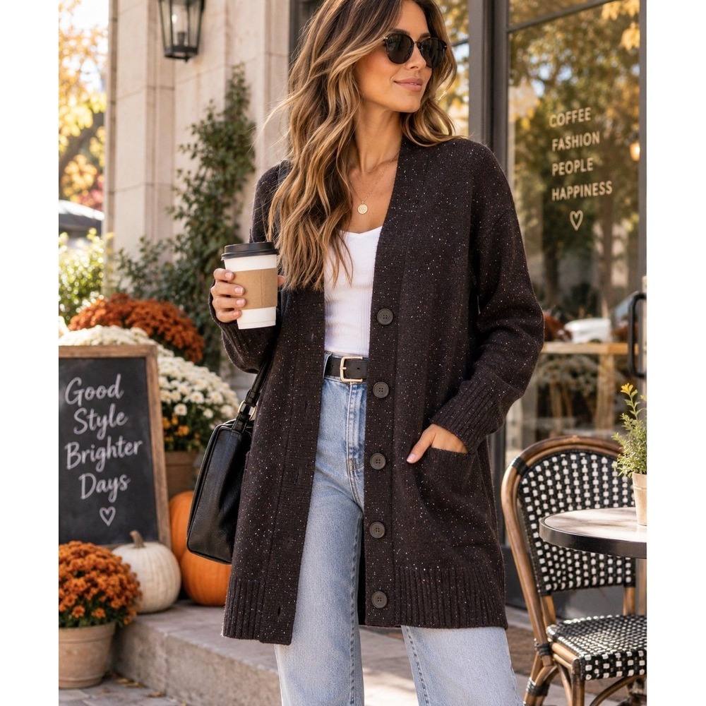 Something Navy Women's M Long Cardigan Brown Multicolor Speckled Button Front